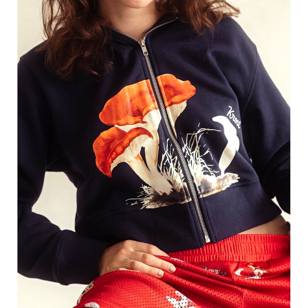 Krost Navy Full Zip Cropped Hoodie Sz S Orange Mushroom Graphic Soft Cotton Blnd